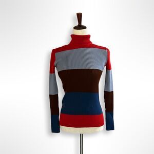 VTG 70s Striped Red & Blue Ribbed 100% Wool Turtle neck Ski Sweater